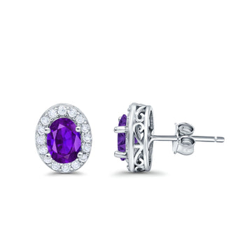 Stud Earrings Wedding Oval Simulated Amethyst CZ 925 Sterling Silver (11mm)